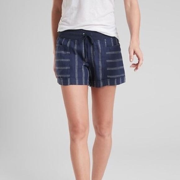 Athleta Cabo Linen 4" Striped Shorts Navy White Striped - Picture 1 of 6